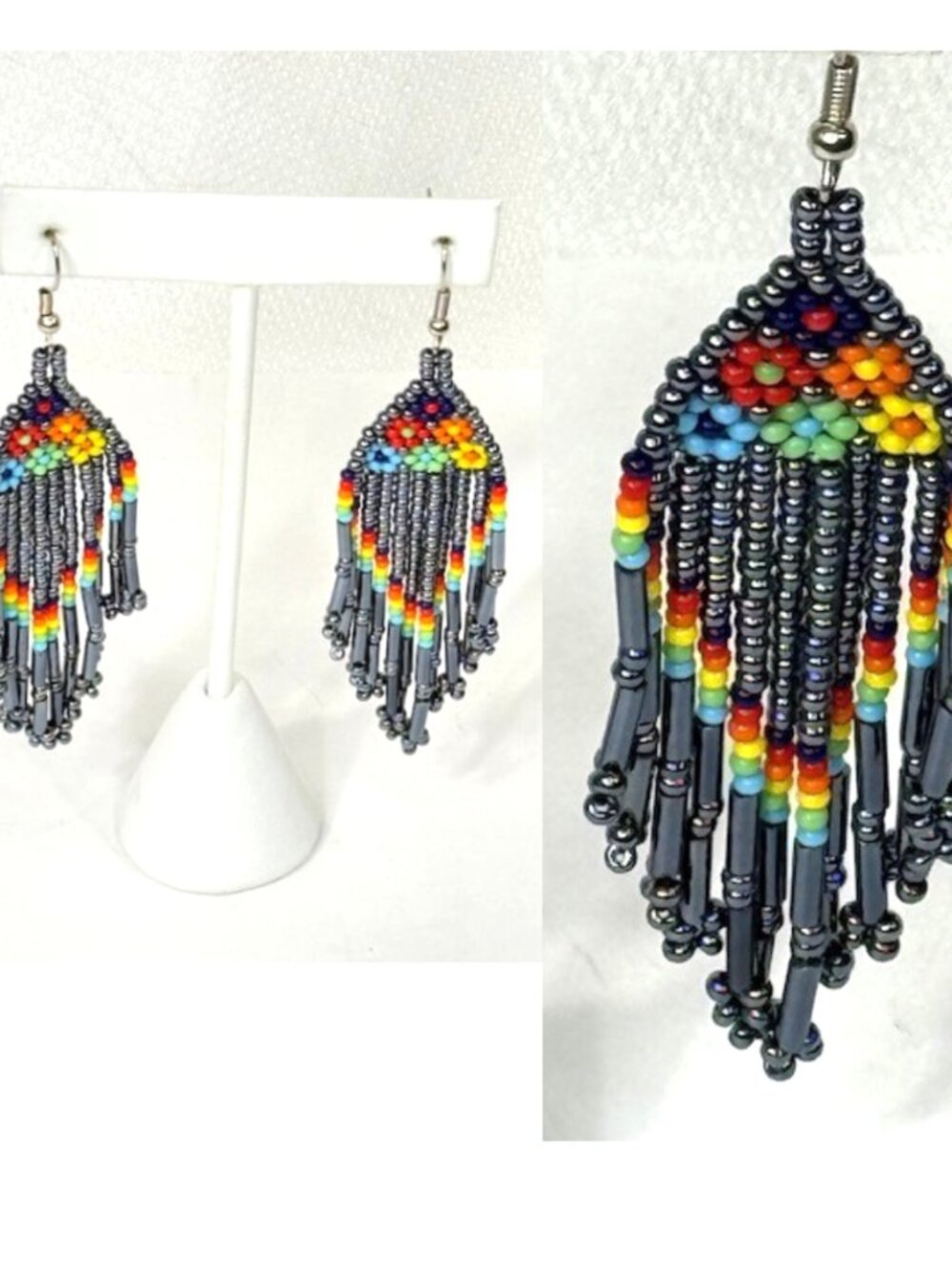 Multi-color beaded dangle earrings. - Picture 1 of 6